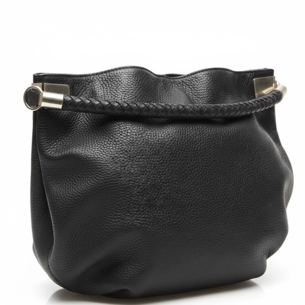 Halogen Black Pebbled Leather Purse with Braided Strap 14" x 11" [CL018]